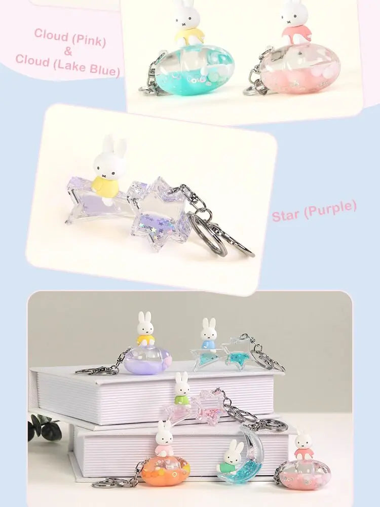 A collection of Miffy Dream keychains featuring a cartoon rabbit charm in various colors including pink, blue, and purple.