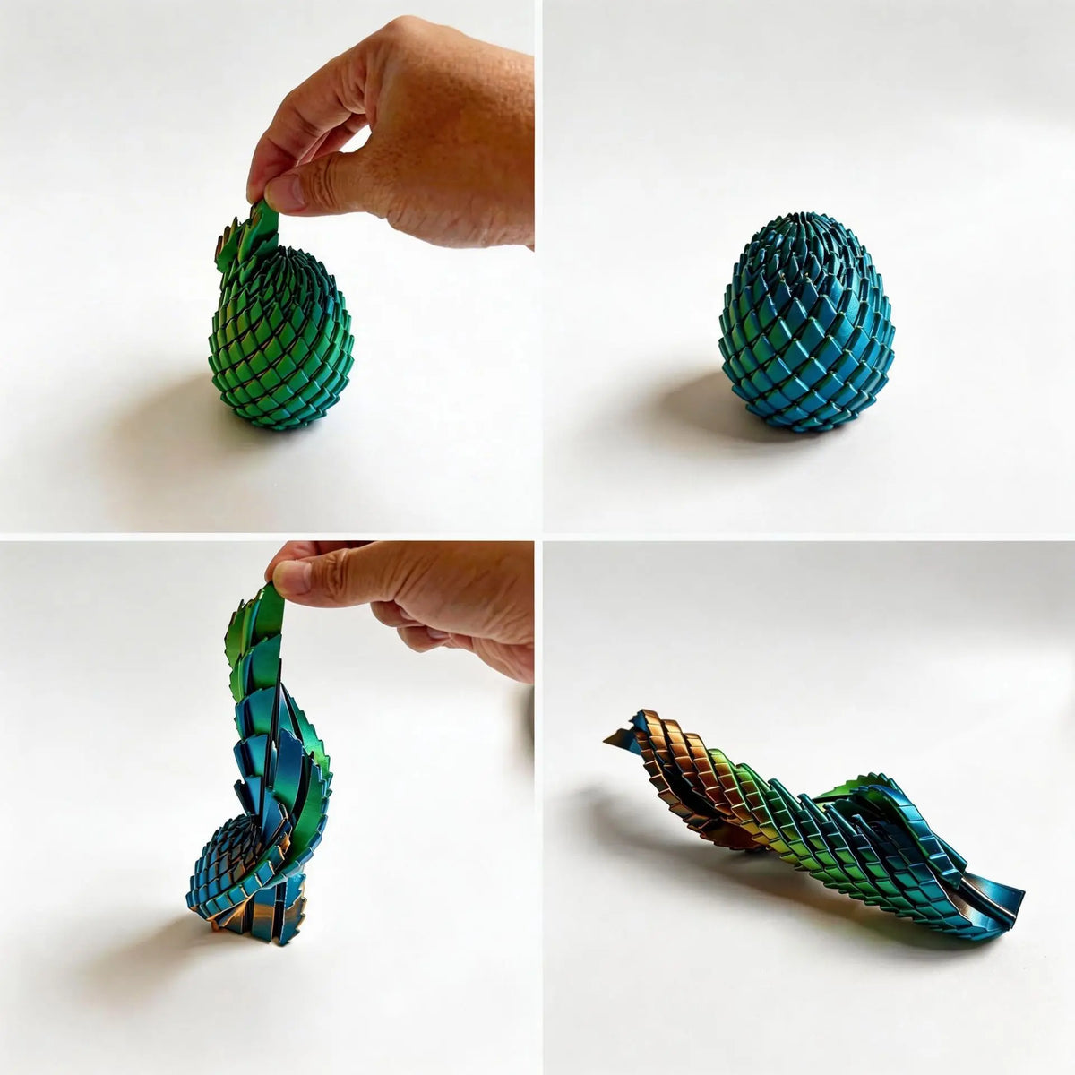 A hand holds a textured, teal dragon egg fidget toy, showing its intricate scale pattern from different angles.