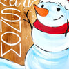 A painting of a smiling snowman wearing a red scarf and hat, painted on wood.