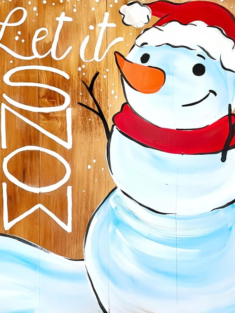 A painting of a smiling snowman wearing a red scarf and hat, painted on wood.
