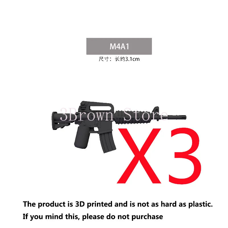 3D printed M4A1 rifle model with accessories and a helmet
