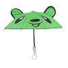 A bright green umbrella shaped like a bear face with black eyes and a smiling mouth.