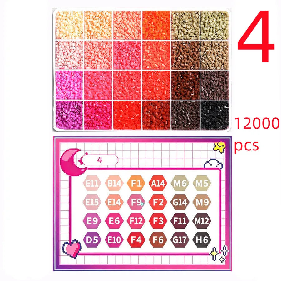 A box of 12,000 colorful Perler beads in various shades and sizes, including a grid layout and a pink crescent moon design.