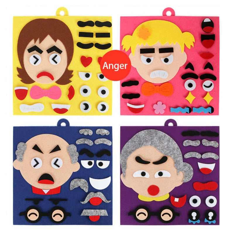 A set of four felt puzzles depicting various facial expressions like anger, surprise, and sadness for children.