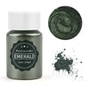 A glass jar of emerald pearl powder with a swirling texture and loose powder scattered on a white background.