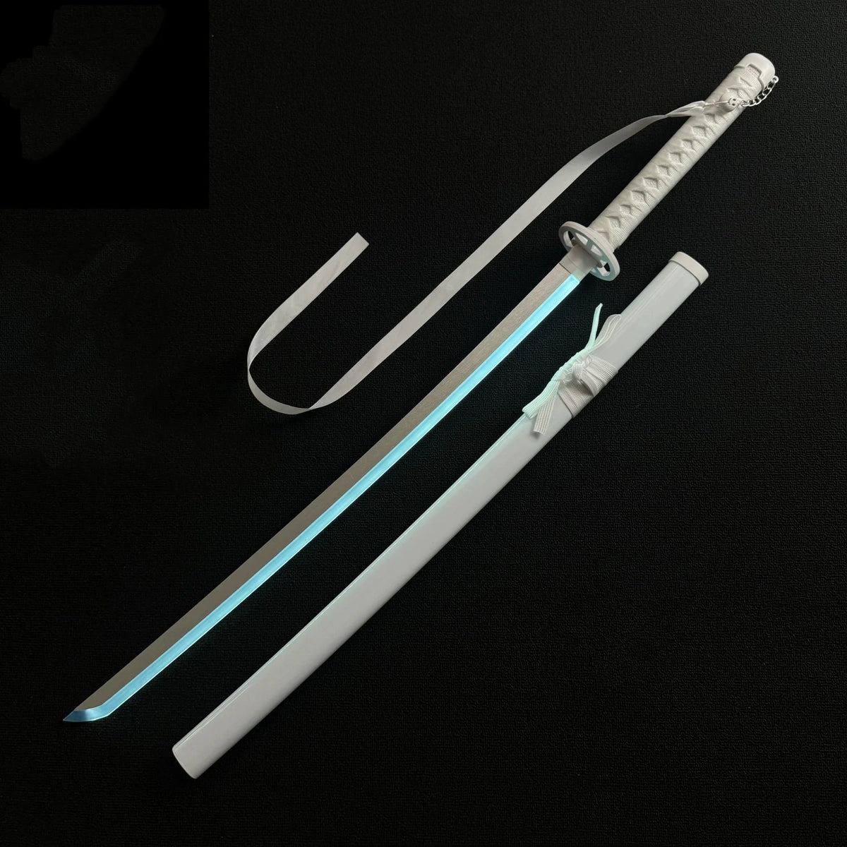A white anime katana with an LED blade and white wrapping is displayed against a black background.
