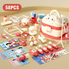 A set of 58 pretend play doctor tools and medical items packaged in a white carry case for children.