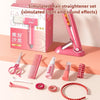 A pink simulated hair straightener set with various styling tools like combs and clips displayed on a box.