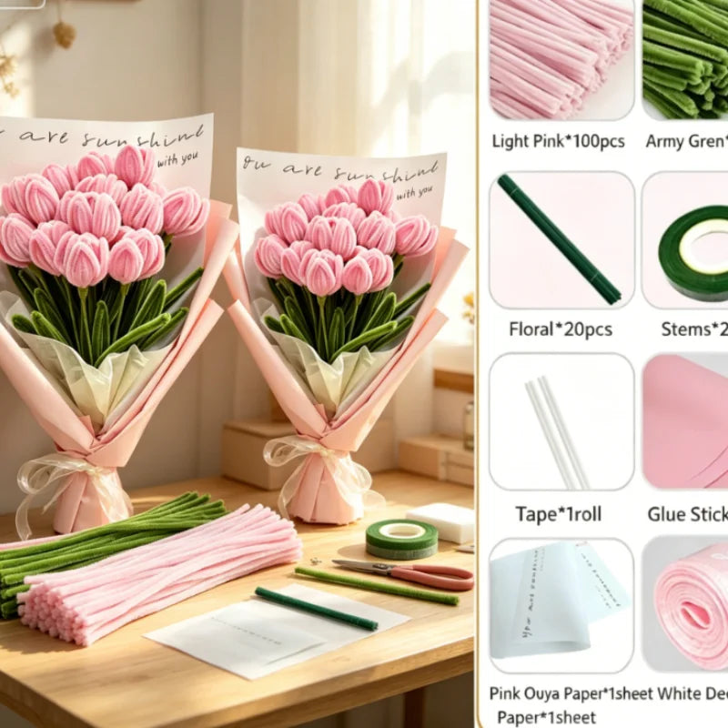 DIY pipe cleaner tulip and rose bouquet craft kit featuring pink and green floral elements