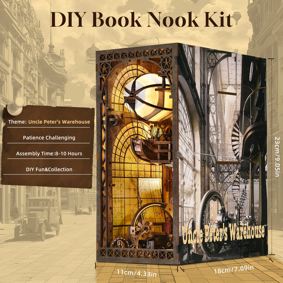 A DIY Book Nook Kit featuring a wooden miniature bookshelf designed to look like Uncle Peter's Warehouse.