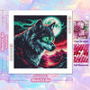 A 5D diamond painting featuring a majestic wolf howling at a bright full moon against a vibrant, colorful background.