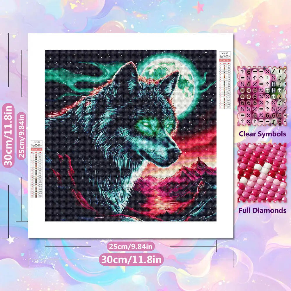 A 5D diamond painting featuring a majestic wolf howling at a bright full moon against a vibrant, colorful background.