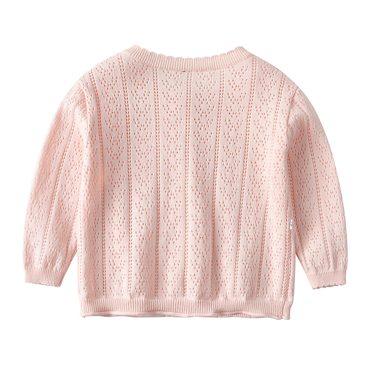A light pink knitted cotton cardigan sweater with a textured stitch pattern.