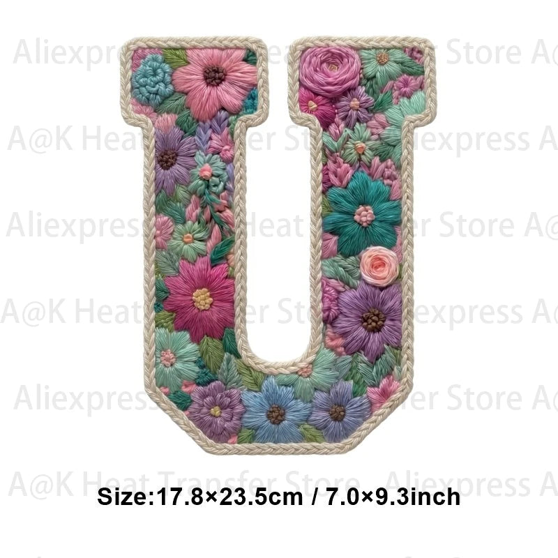 A large letter U made of floral fabric patches for DIY clothing and accessories