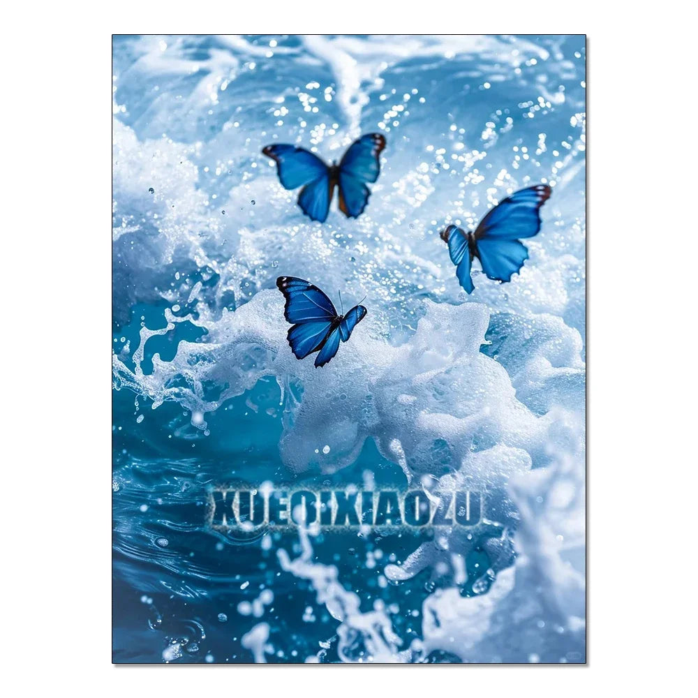 A vibrant blue butterfly is shown amidst white sea foam and deep blue water, suitable for a diamond painting kit.
