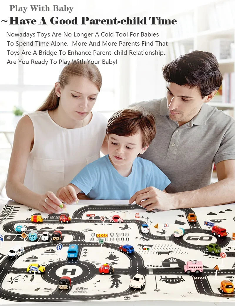 A father and son play with a Kids City Road Map Play Mat featuring various vehicles on a street layout.