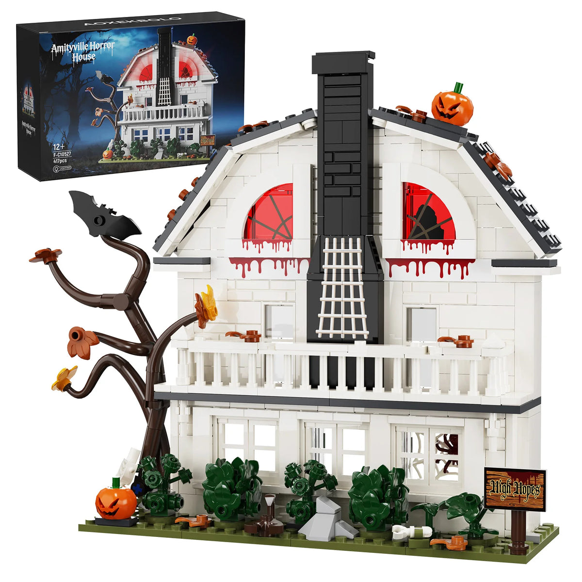 A set of building blocks depicting an Amityville Horror House model with seasonal decorations.