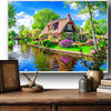 A scenic painting of a Dutch village with a house, garden, and water, suitable for a jigsaw puzzle.