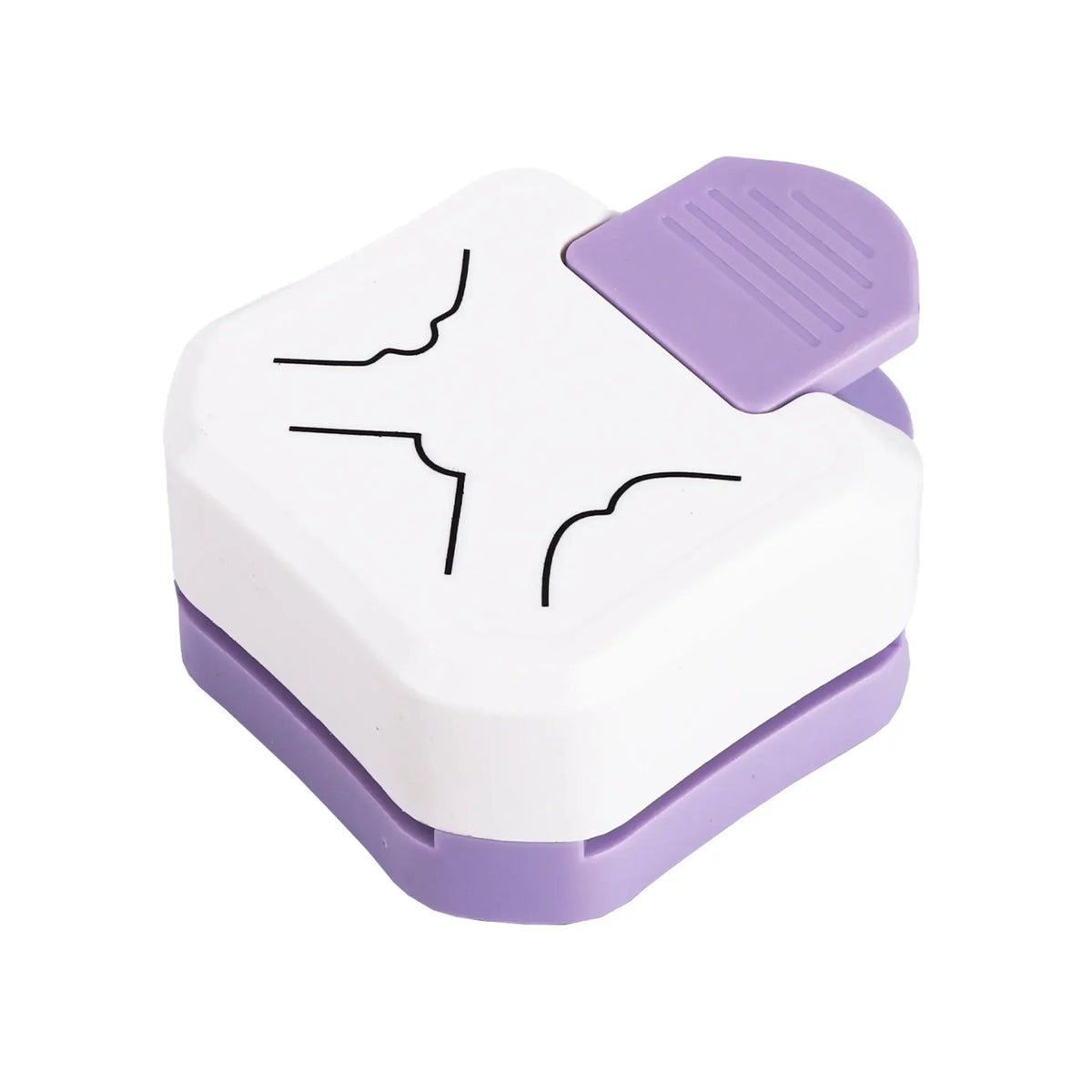 A white and purple triple-function corner embosser and cutter kit with a plastic handle.