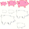 A set of pink pig-shaped stainless steel cookie cutters in various styles and sizes.