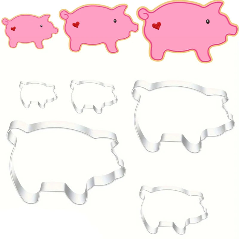 A set of pink pig-shaped stainless steel cookie cutters in various styles and sizes.
