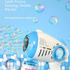 A blue bubble gun is shown spraying bubbles into water, with a bottle of bubble water nearby.