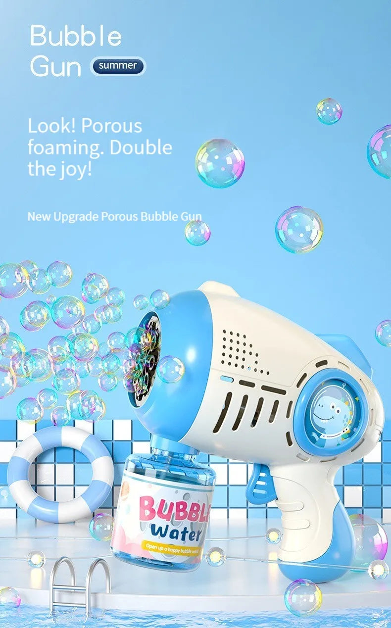 A blue bubble gun is shown spraying bubbles into water, with a bottle of bubble water nearby.