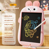 A pink LCD writing board shaped like a rabbit, showing a drawing of a helmeted figure.