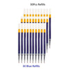 A collection of 30 blue retractable gel pen refills arranged in a vertical line.