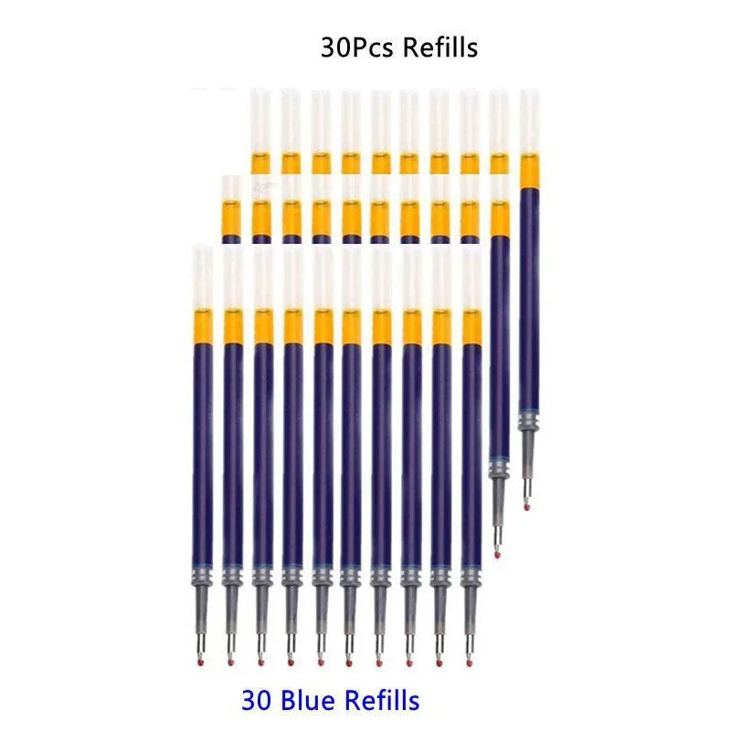 A collection of 30 blue retractable gel pen refills arranged in a vertical line.