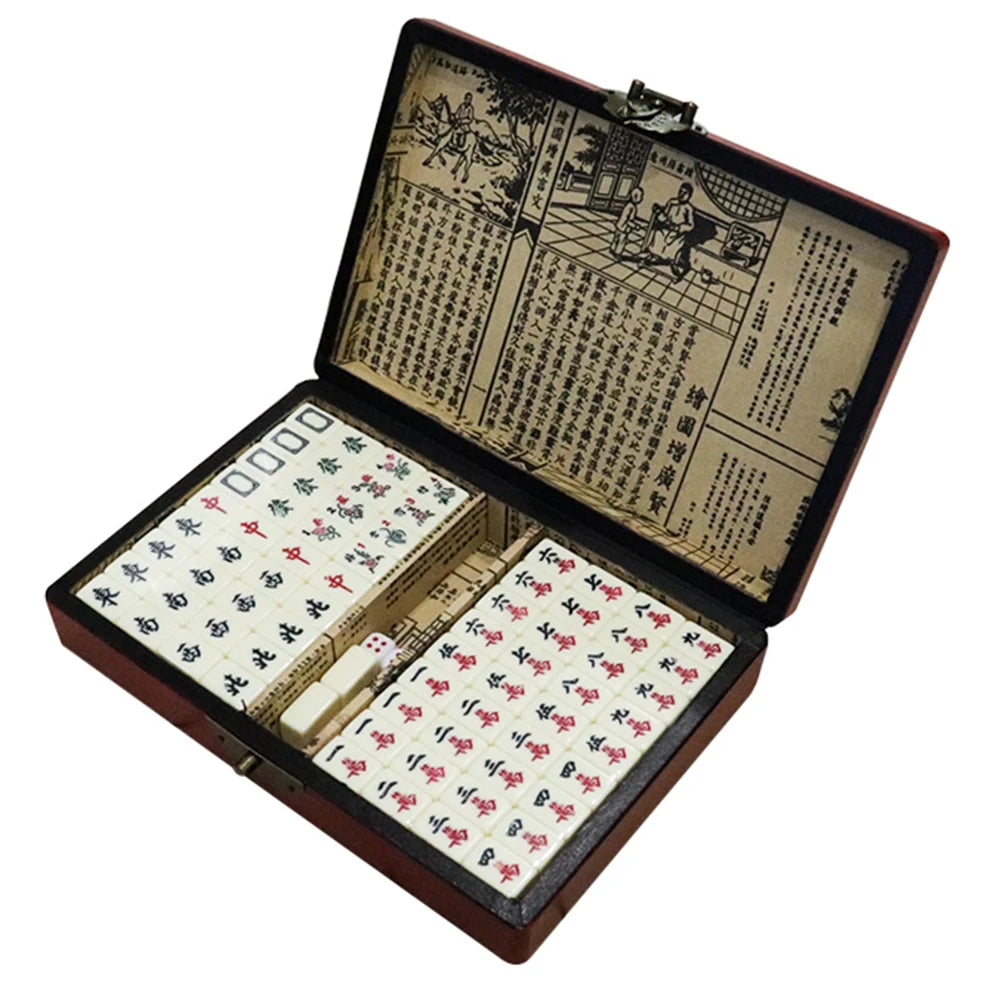 A classic Chinese Mahjong set with 144 tiles displayed inside an open carrying case.