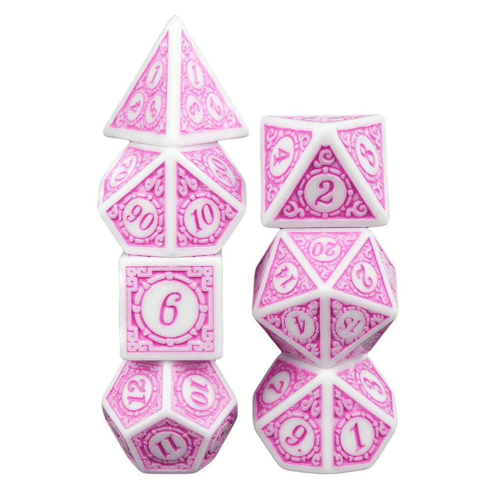 A set of seven pink polyhedral dice including a d4, d6, d8, d10, d12, d20, and d60.