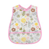 A white baby bib with a floral and leaf pattern featuring pink trim.