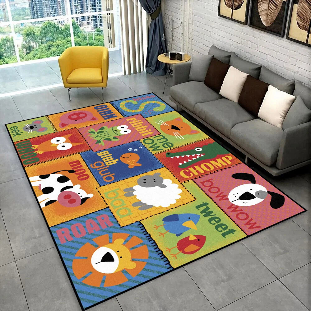 A colorful alphabet cartoon rug featuring letters and animals for a kids playroom or nursery.