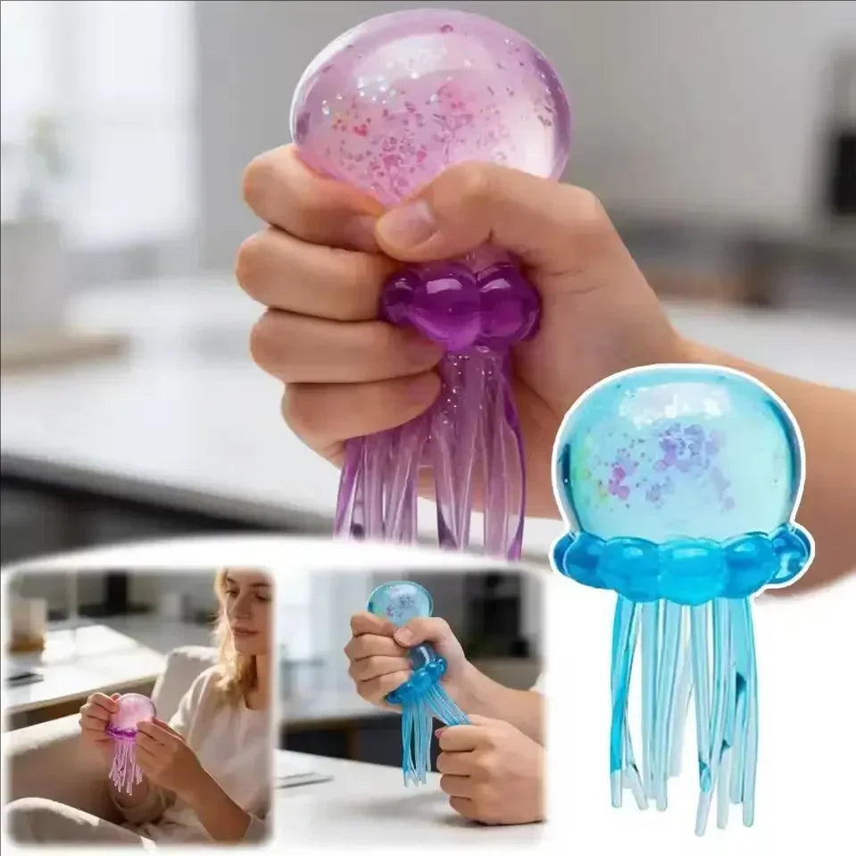 Hands hold a purple and blue jellyfish squish toy sensory fidget for stress relief
