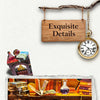 A wooden sign hangs from a branch, displaying the text Exquisite Details. Below is a miniature wooden dollhouse with furnitur