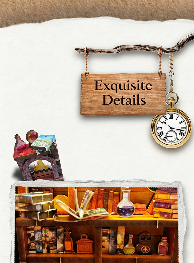 A wooden sign hangs from a branch, displaying the text Exquisite Details. Below is a miniature wooden dollhouse with furnitur