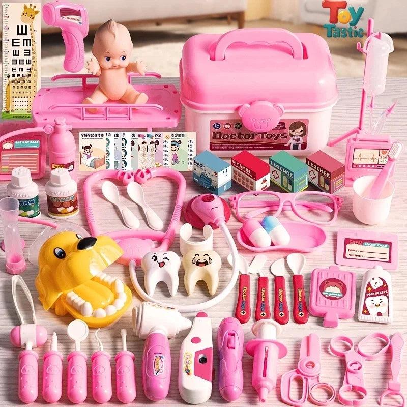 A pink kids doctor pretend play set featuring various electronic medical tools and accessories.
