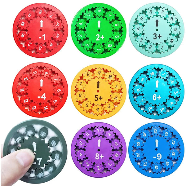 A set of nine colorful fidget spinners featuring multiplication and division symbols for kids