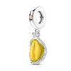 A silver fruit charm bead featuring a yellow-green gemstone set in a bezel and suspended from a bail.