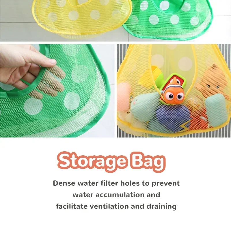 A yellow and green storage bag with holes for ventilation and a duck and frog toy inside.