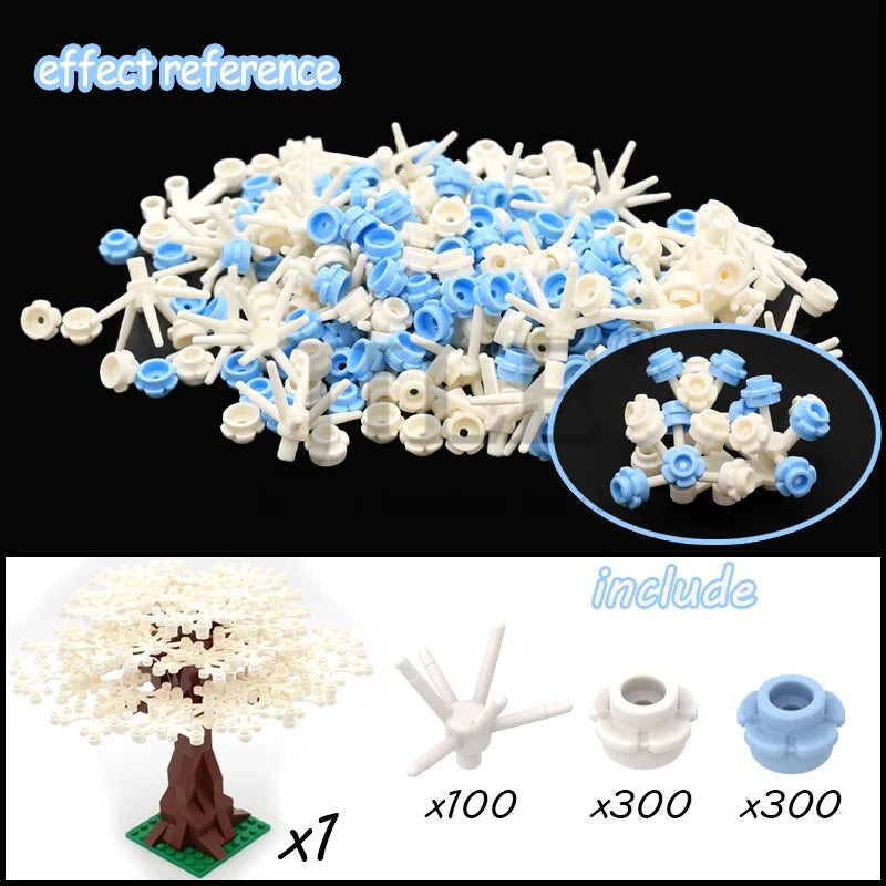A collection of white and blue building blocks, including a tree structure and various components for construction.