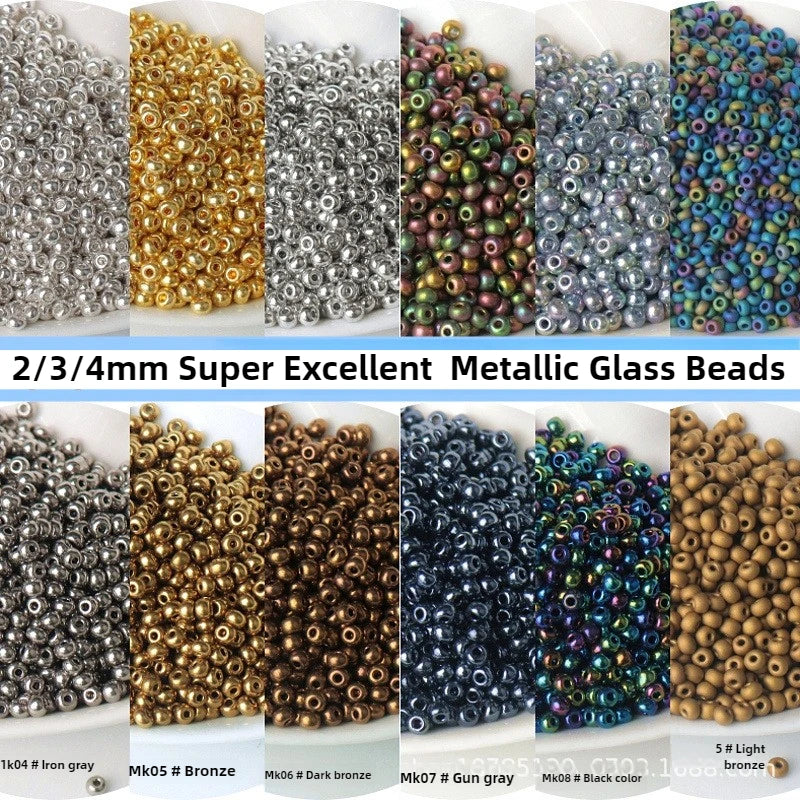 A collection of 2/3/4mm metallic glass beads in various colors including gray, gold, bronze, and blue.