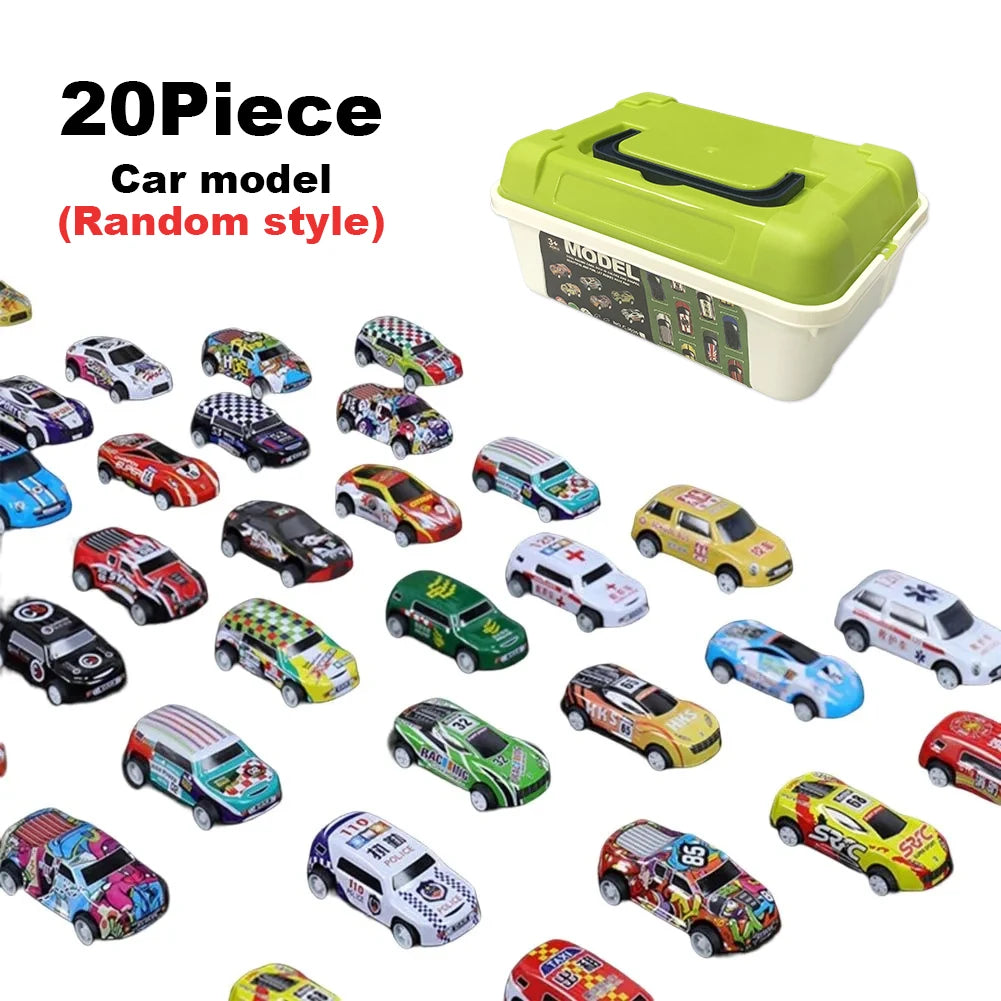 A collection of twenty mini pull-back cars in various colors and styles displayed next to a storage bucket.