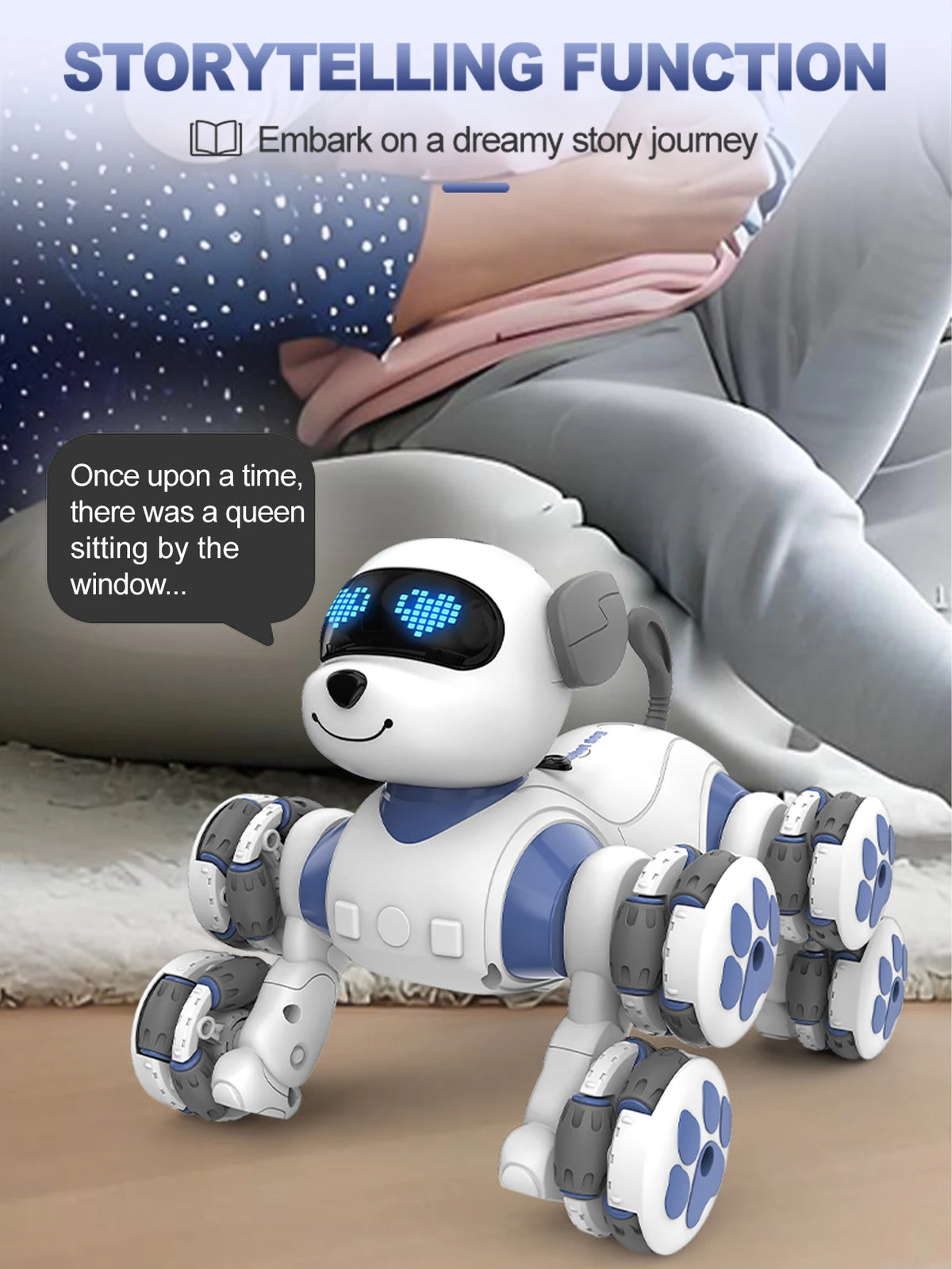 A white robot dog with blue lights and eight wheels is shown sitting on a person's lap.
