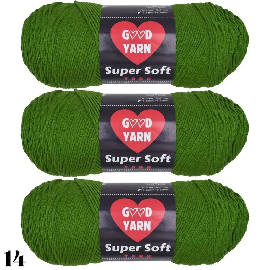 Three balls of bright green Super Soft yarn labeled GOVD YARN for crochet and knitting