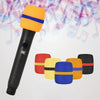 A black microphone with an orange foam windscreen and a 5-pack of colorful foam covers.