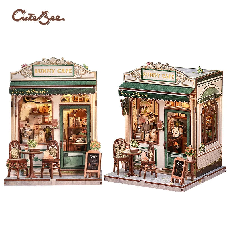 A detailed 3D wooden book nook kit featuring a Sunny Cafe storefront with interior details and lighting.
