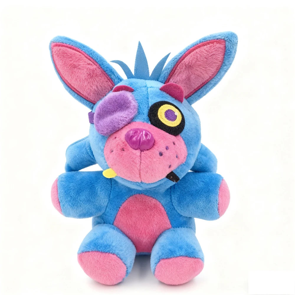 A plush toy of the character Bonnie from Five Nights at Freddy's featuring blue and pink fur and large ears.