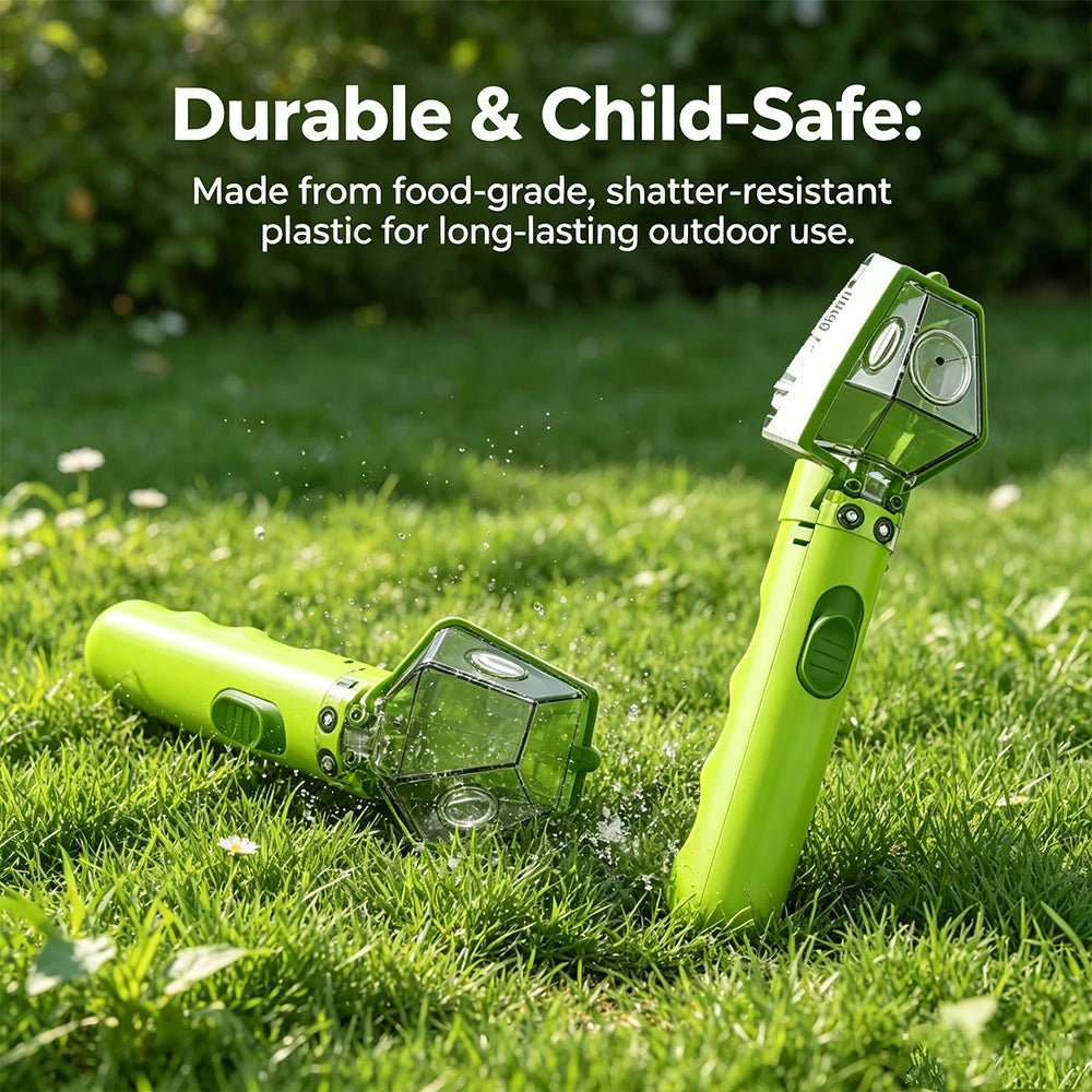 A lime green insect observation magnifier is lying on green grass, demonstrating its durable and child-safe features.